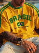 Camiseta Masculina Estampada com a Bandeira do Brasil 2026, Gola Redonda, Manga Curta, Estilo Retrô Casual, Oversized, Malha Solta
