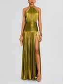 Vestido Midi Sem Costas com Fenda, Decote com Cinto, Sem Mangas, Formal, em Tecido de Poliéster, Saia Franzida, Cintura Média...