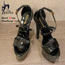 Sandálias Stiletto de plataforma aberta para mulheres, salto alto de banda estreita, sapatos stripper de festa, fivela, pole dancing, verão, 17cm