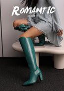 Botas de couro na altura do joelho com zíper para mulheres, sapatos pontiagudos, salto robusto, 9cm, inverno, ao ar livre, sexy, tamanho grande 44, 45, 46