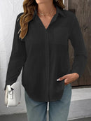 Camisa Feminina Casual de Algodão Puro com Pregas e Mangas Longas