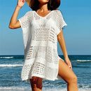 Túnica de malha de crochê feminino, manga curta sexy, oco, capas, vestido de praia, moda praia, capas femininas, K5580