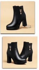 Sapatos de plataforma de lã quente para mulheres, botas de couro curtas impermeáveis, salto alto super, tornozelo preto, luxo, outono, inverno