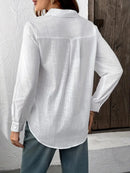 Camisa Feminina Casual de Algodão Puro com Pregas e Mangas Longas