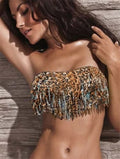 Top de sutiã feminino sem alças biquíni, maiô estampa leopardo, swimwear sexy, push up praia desgaste, trajes de banho, verão