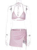 Maiô Feminino com Estampa de Poá Rosa, Conjunto de 3 Peças com Sutiãs e Saias Divididas, Moda Praia