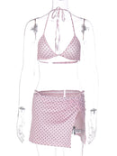 Maiô Feminino com Estampa de Poá Rosa, Conjunto de 3 Peças com Sutiãs e Saias Divididas, Moda Praia