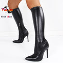 Botas de meia-panturrilha preta de camurça falsa de alta qualidade para mulheres, saltos finos, dedo apontado, zip, bombas de festa, sexy, moda primavera, tamanhos 35-43