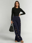Calças Femininas Bonboho de Cintura Alta com Ilhós e Perna Larga Cor Sólida 2026 - Calças Retas Casuais Estilo Streetwear para o Dia a Dia