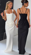 Suninheart Vestido maxi feminino branco Elegat com cadarço vestido fino formal para festa de casamento