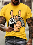 Camiseta Masculina Estilosa com Estampa de Controle de Videogame para Amantes de Jogos, Casual Diária de Manga Curta, Tendência Streetwear