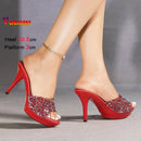 Chinelos femininos de verão, 10.5cm, plataforma antiderrapante, lantejoulas, sapatos de salto alto para mulheres, sandálias vermelhas de luxo
