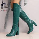 Botas de couro na altura do joelho com zíper para mulheres, sapatos pontiagudos, salto robusto, 9cm, inverno, ao ar livre, sexy, tamanho grande 44, 45, 46