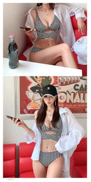 Biquíni Feminino de Cintura Alta Sensual com Efeito Modelador, Xadrez Franzido, Peças Separadas, Térmico, para Férias e Resort