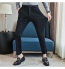 Calças de vestido dos homens novo fino respirável sólido casual alta elástica magro ajuste terno calças streetwear roupas masculinas