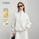 Jaquetas Femininas Amii 2026: Nova Coleção Primavera - Jaqueta de Algodão Tricotada com Gola Alta e Zíper, Blusa Feminina Solta com Manga Caída 12641079
