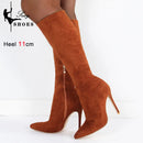 Botas de meia-panturrilha preta de camurça falsa de alta qualidade para mulheres, saltos finos, dedo apontado, zip, bombas de festa, sexy, moda primavera, tamanhos 35-43