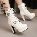 Plataforma botas curtas mulher outono e inverno 12cm salto alto cinto fivela tornozelo botas 2025 sola grossa sapatos de motocicleta tamanho 35-46