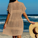 Túnica de malha de crochê feminino, manga curta sexy, oco, capas, vestido de praia, moda praia, capas femininas, K5580
