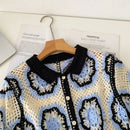 Blusa de Crochê de Manga Curta com Botões, Estilo Boho Chic, Blusa de Renda Floral Tricotada Aberta para Mulheres, Saída de Praia de Verão, Roupa de Resort