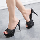 Chinelos de cristal para mulheres, nova plataforma fashion 12cm, saltos altos finos, slides de grife, sandálias de strass luxuosas, sapatos de verão 2022