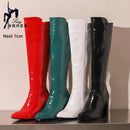 Botas de couro na altura do joelho com zíper para mulheres, sapatos pontiagudos, salto robusto, 9cm, inverno, ao ar livre, sexy, tamanho grande 44, 45, 46