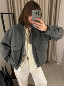 Tossy outono cinza zíper outwear jaquetas feminino sólido solto retalhos cintura alta recortado casaco superior streetwear feminino y2k jaquetas