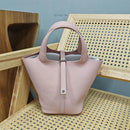 Bolsa de couro de vaca de camada superior, estilo europeu, bolsa tipo balde, cesta de vegetais frescos, bolsa fena com al...