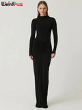Estranho gato hipster vestido ruched feminino o-pescoço manga cheia magro estiramento robe outono tendência simples clássico pregas longo bodycon