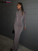Estranho gato hipster vestido ruched feminino o-pescoço manga cheia magro estiramento robe outono tendência simples clássico pregas longo bodycon