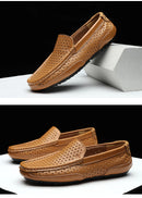 Sapatos Casuais Masculinos de Verão 2026, Marca de Luxo, Couro Genuíno, Mocassins Masculinos Vazados Respiráveis, Sapatos de Dirigir Slip-on