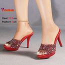 Chinelos femininos de verão, 10.5cm, plataforma antiderrapante, lantejoulas, sapatos de salto alto para mulheres, sandálias vermelhas de luxo