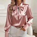 Moda manga longa camisa de seda feminina moda primavera outono nova blusa de cetim feminino arco escritório topos pulôver