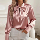 Moda manga longa camisa de seda feminina moda primavera outono nova blusa de cetim feminino arco escritório topos pulôver