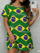 Vestido T-Shirt Feminino Estampado com Bandeira do Brasil Verão 2026, Solto, Gola O, Manga Curta, Pulôver, Camisola Feminina