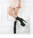 Botas de Plataforma Modernas para Mulheres, Pole Dance Lace-Up, Botas de Tornozelo PU Pretas, Botas Modernas Extremas, Em Estoque, Transporte Rápido, 15 cm, 17 cm, 20cm, Tamanho 36-44