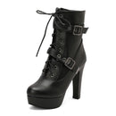 Plataforma botas curtas mulher outono e inverno 12cm salto alto cinto fivela tornozelo botas 2025 sola grossa sapatos de motocicleta tamanho 35-46