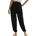 Moda feminina calças de yoga cintura alta fenda perna larga haren calças ginásio leggings casual sólido oco calças de treino ginásio casa wear