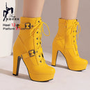 Plataforma botas curtas mulher outono e inverno 12cm salto alto cinto fivela tornozelo botas 2025 sola grossa sapatos de motocicleta tamanho 35-46