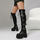 Outono inverno preto feminino acima do joelho botas altas saltos grossos 10.5cm plataforma 5cm estrela fivela rendas até zíper lateral botas longas