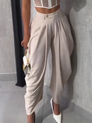 Calças Cargo Harem Femininas de Cintura Média com Design Franzido, Estilo Casual Urbano, Tendência 2026, Calças de Trabalho para Escritório