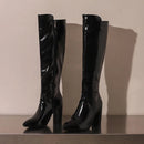 Botas de couro na altura do joelho com zíper para mulheres, sapatos pontiagudos, salto robusto, 9cm, inverno, ao ar livre, sexy, tamanho grande 44, 45, 46