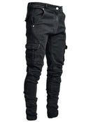 Novos calças de brim dos homens lavar cor sólida multi bolsos denim meados de cintura carga jeans plus size fahsion calças casuais masculino uso diário
