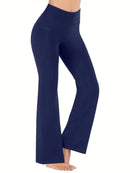 Calças femininas largas com bolsos, calças de ioga com pernas largas, cintura alta, fitness, casual, barriga, calças