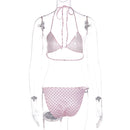 Maiô Feminino com Estampa de Poá Rosa, Conjunto de 3 Peças com Sutiãs e Saias Divididas, Moda Praia