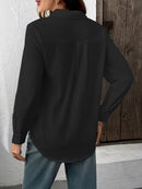 Camisa Feminina Casual de Algodão Puro com Pregas e Mangas Longas