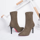 2023 outono inverno novo salto alto veludo botas curtas apontou toe cor sólida salto fino camurça versátil meias botas estiramento feminino