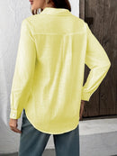 Camisa Feminina Casual de Algodão Puro com Pregas e Mangas Longas
