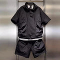 Moda workwear respirável de secagem rápida terno esportivo masculino texturizado casual com capuz shorts de manga curta conjunto de duas peças