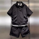 Moda workwear respirável de secagem rápida terno esportivo masculino texturizado casual com capuz shorts de manga curta conjunto de duas peças